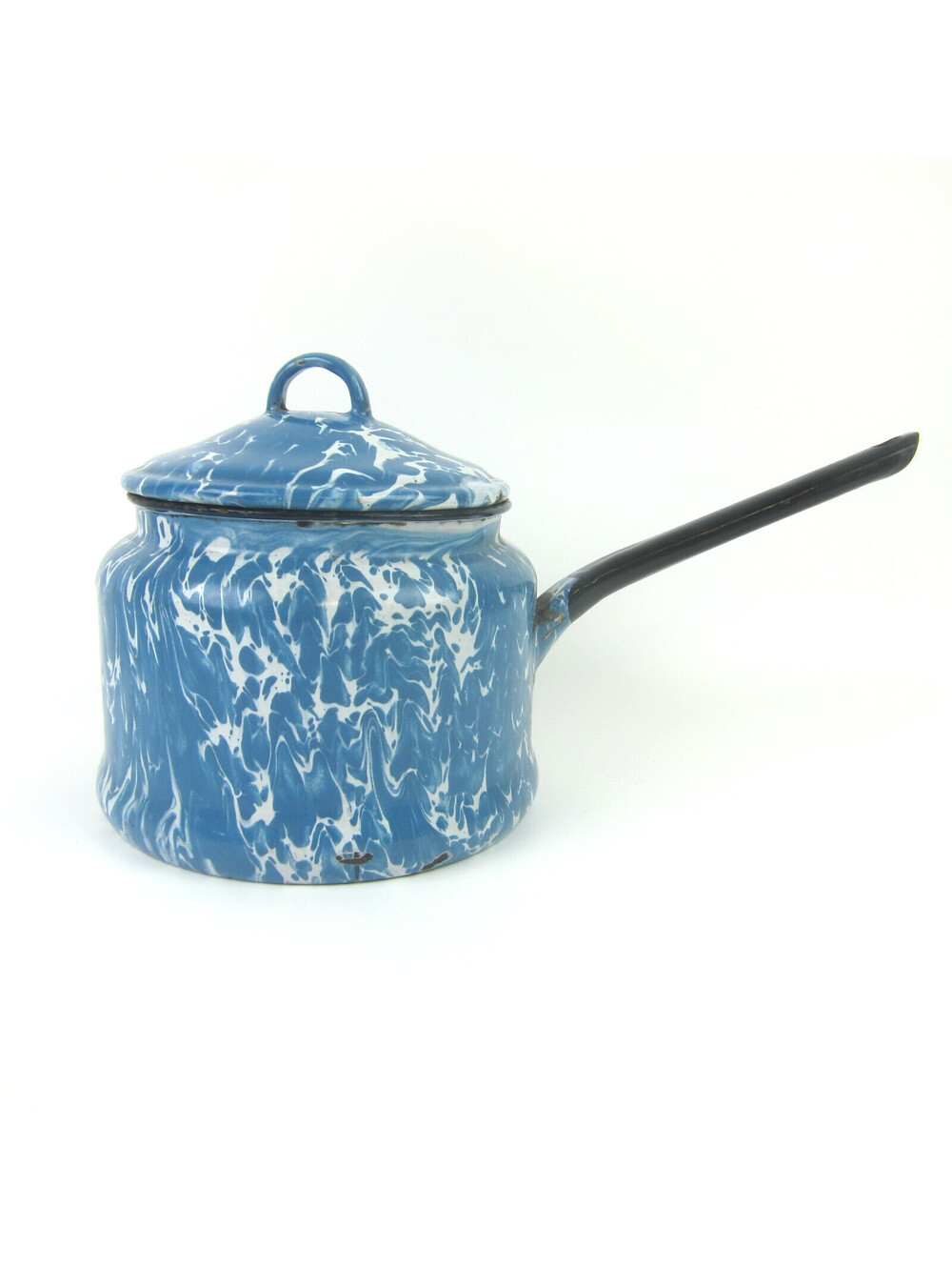 Antique Graniteware Enamelware Pot Blue & White Swirl with Lid Preserving Kettle